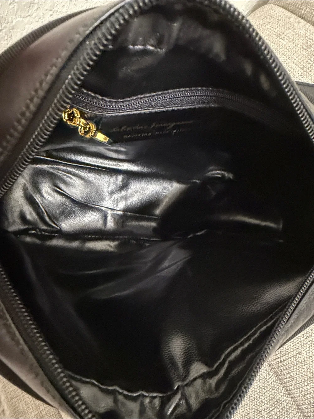 Salvatore Ferragamo Black Leather Messenger Bag with Gold Buckle